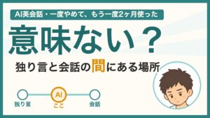 独り言・AI英会話・リアルな会話の3つの場所を1本の道でつなぎ、真ん中のAI英会話を示したイラスト